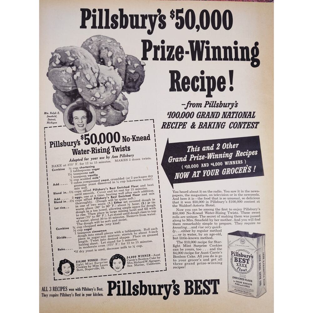 1950 Pillsbury Best Flour $50k Prize-Winning Recipe No-Knead Twists Vtg Print Ad